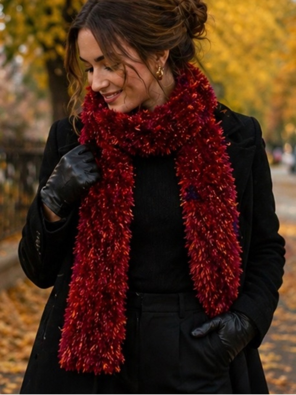 Hand Knit Plush Red Orange Fuzzy Scarf - Cozy Winter Accessory